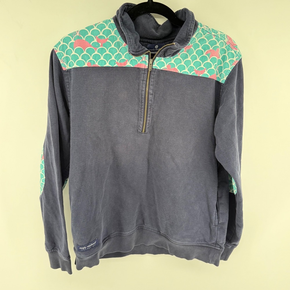 Simply Southern Pullover Womens Small Navy Cotton Whale Quarter Zip Preppy